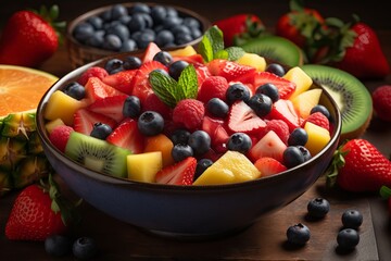 fruit salad, with juicy slices of watermelon, pineapple, and strawberries, surrounded by fresh blueberries and raspberries. Generative ai