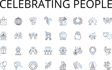 Celebrating people line icons collection. Applauding heroes, Honoring triumphs, Commending winners, Praising champions, Recognizing greatness, Hailing achievers, Felicitating stars vector and linear