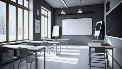 Fototapeta na wymiar Unoccupied classroom setup with desks, chairs, and chalkboard