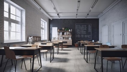 Classroom scene displaying empty desks, chairs, and chalkboard