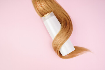 Shampoo for hair shine. Healthy and strong hair. Place for text. advertising banner. 
Cosmetics for men and women. shampoo bottle mockup. blonde hair