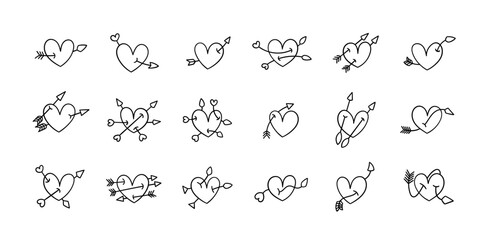 Handrawn hearts collection and arrows in different positions.