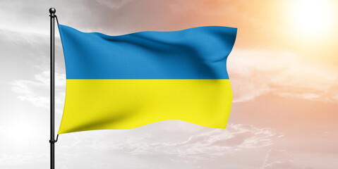 Ukraine national flag cloth fabric waving on beautiful sky grey Background.
