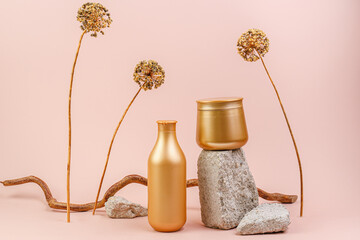 Shampoo and hair conditioner. Hair care products. Place for text. Advertising banner.