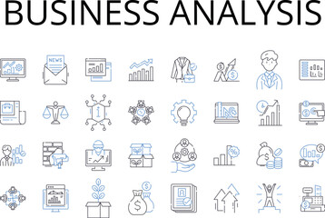 Obraz na płótnie Canvas Business analysis line icons collection. Market research, Financial planning, Sales analytics, Risk assessment, Project management, Customer insights, Performance evaluation vector and linear