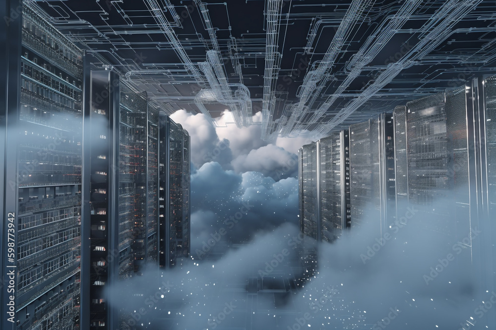 Poster cloud computing concept with data center and network cables