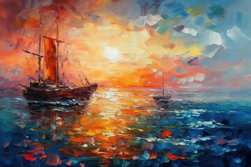 Fototapeta na wymiar Sailing boats on the sea. Modern art oil painting. Seascape in the style of impressionism. AI generative image.