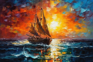 Fototapeta na wymiar Sailing boats on the sea. Modern art oil painting. Seascape in the style of impressionism. AI generative image.