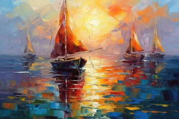 Sailing boats on the sea. Modern art oil painting. Seascape in the style of impressionism. AI generative image. © Osadchyi_I