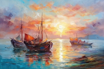 Sailing boats on the sea. Modern art oil painting. Seascape in the style of impressionism. AI generative image. - obrazy, fototapety, plakaty