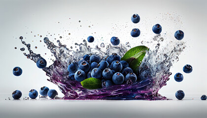 Water Splashing on Group of Delicious Fresh Blueberries Berry Fruit on White Background Generative AI