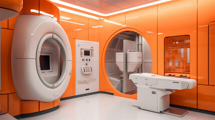 Hospital x-ray room interior in orange tones