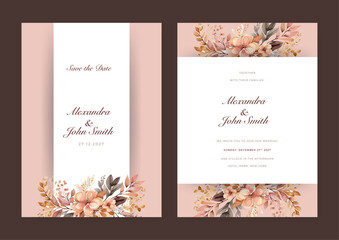 Set of Sweet peach floral watercolor wedding invitation design template