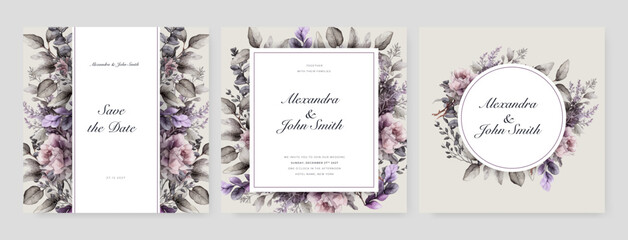 beautiful purple flower watercolor wedding invitation design template