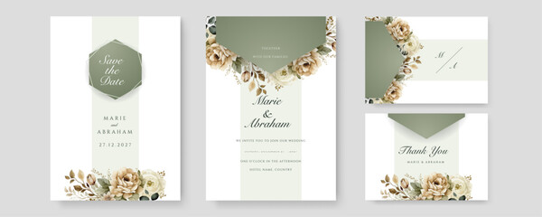 Elegant greenery with gold leaves on wedding invitation card template