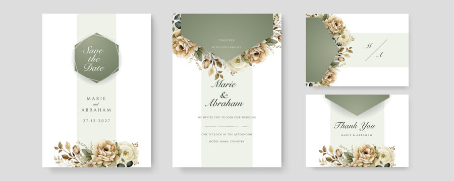 Elegant greenery with gold leaves on wedding invitation card template