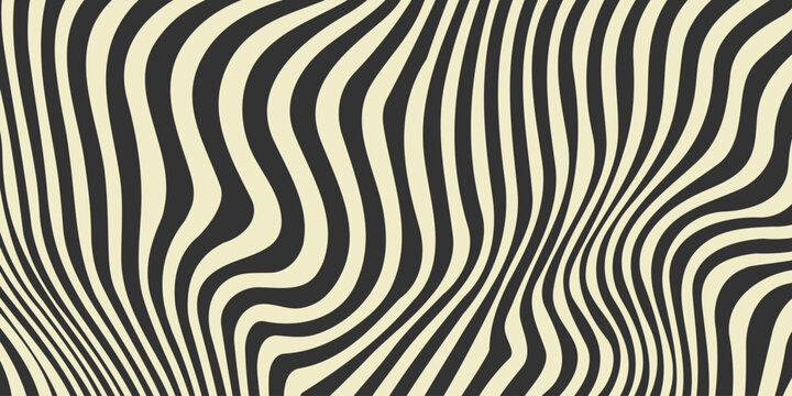 Stylized zebra pattern. Retro wavy fluid stripes and stains background. Abstract monochrome texture in 60s or 70s style. Liquid hippie wallpaper for cover, poster, flyer, banner. Vector