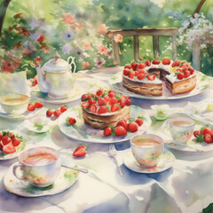 The outdoor garden afternoon tea table is filled with pastries and drinks. Watercolor effect

