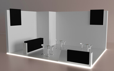 Empty stand or booth in a tradeshow. 3d render exhibition mockup. Virtual exhibition. Exhibition stand mockup and flat used for branding and Corporate identity.