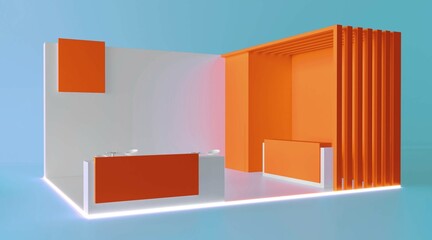 Empty stand or booth in a tradeshow. 3d render exhibition mockup. Virtual exhibition. Exhibition orange and white stand mockup and flat used for branding and Corporate identity.