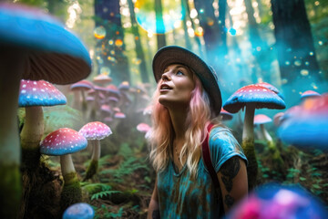Woman high on magical psychedelic mushrooms in forest. Generative AI.