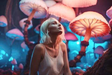 Woman having an ethereal experience on  on psychedelic mushrooms. Generative AI.