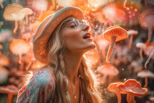 Woman having magical psychedelic mushroom experience. Generative AI.