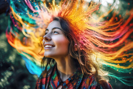 Woman having magical psychedelic mystical rainbow experience. Generative AI.