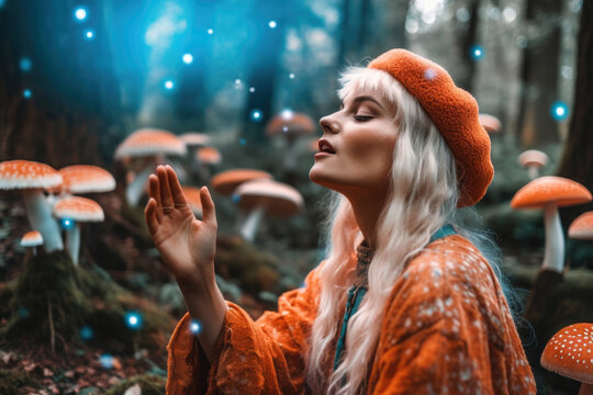 Woman having a spiritual experience on  on psychedelic mushrooms in forest. Generative AI.