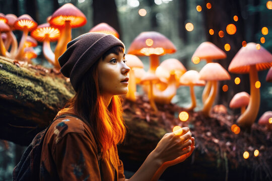 Woman having a dreamy experience on  on psychedelic mushrooms in forest. Generative AI.