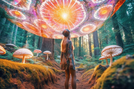 Woman high on magical psychedelic mushrooms in forest. Generative AI.