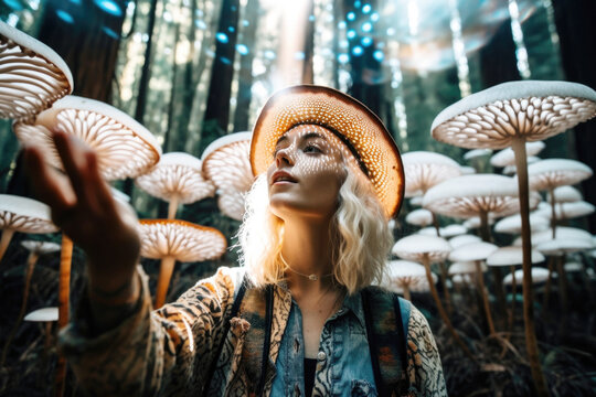 Woman having a fantasy experience on  on psychedelic mushrooms in forest. Generative AI.