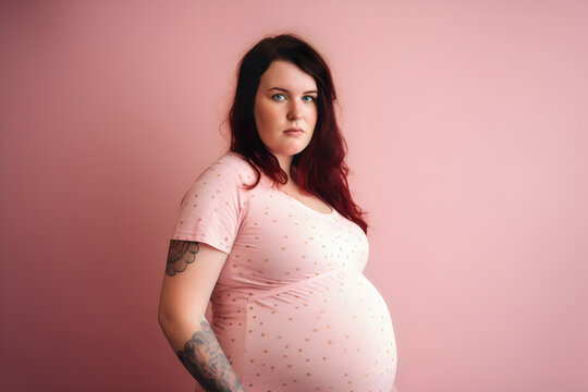 serious brunette pregnant woman with tattoos wearing pink  dress isolated on pink studio background, made with generative ai