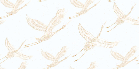 Luxury seamless art background with crane birds with golden elements in line style. Animal banner in oriental style for decoration, wallpaper, interior design, packaging, poster, print.
