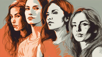 graphite pencil illustration of 4 women in a line with orange areas, made with generative ai