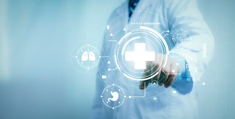 A medical worker touch medical cross shape and healthcare, Virus pandemic develop people awareness...