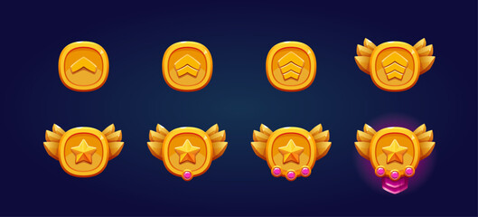 Rank patent gold badges set. Gemstone, star and wings. High quality illustrations. Perfect for games. - obrazy, fototapety, plakaty