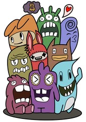 Hand-drawn illustrations, monsters doodle, Hand Drawn cartoon monster illustration,Cartoon crowd doodle hand-drawn Doodle style.