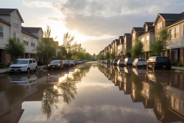 Fototapeta premium flooded street with houses and cars due to rising sea levels and climate change, made with generative ai
