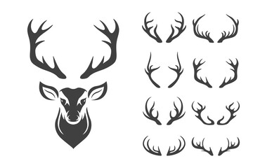 Vector Christmas Reindeer Horns, Antlers. Deer Horn Silhouettes. Hand Drawn Deers Horn, Antler Set. Animal Antler Collection. Design Elements of Deer. Wildlife Hunters, Hipster, Christmas Concept