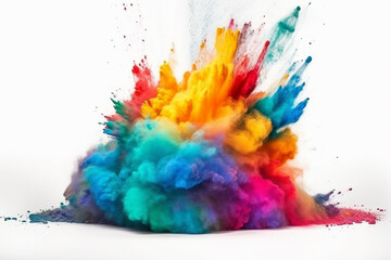 Multicolored explosion of rainbow holi powder paint, white background. Generative ai Generative AI