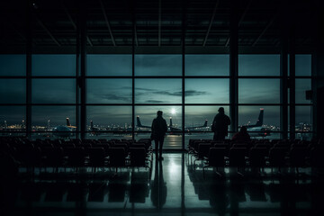 Airport, airplane, fly, terminal. An aerodrome with extended facilities for commercial air transport. waiting for flight departure, watching a flying plane 