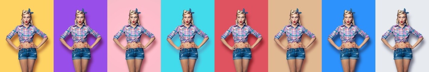 Collage set on different colors backgrounds. Excited surprised woman. Astonished beauty girl in pin up style wear, looking sideways. Blond model - retro fashion and vintage sales ad concept.