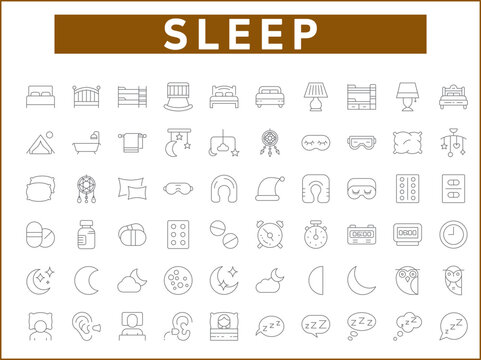 Simple Set of sleep Related Vector Line Icons. Vector collection of insomnia, bed, time, zzz, moon,  cloud alarm clock, pillows and design elements symbols or logo element.