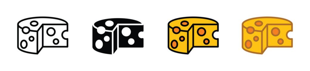 Cheese icons vector set in line, flat, and color style. Mozzarella, yogurt, ricotta, cream cheese, parmesan, cheddar, brie, emmenthal, gouda symbol. Vector illustration