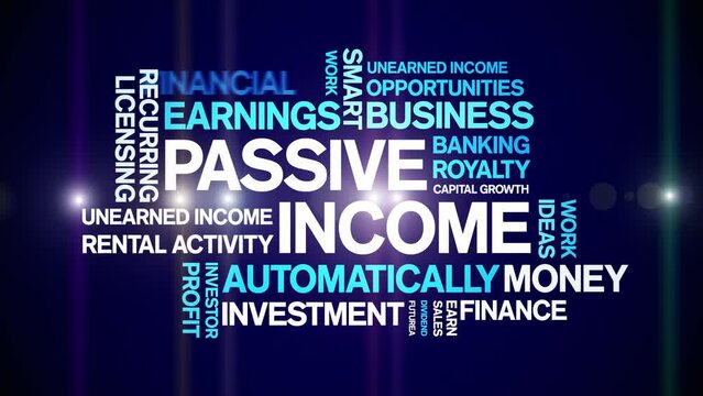 Passive income animated tag word cloud;text design animation kinetic typography seamless loop.