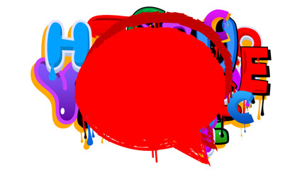 Red Speech Bubble Graffiti with abstract elements Background. Urban painting style backdrop. Discussion symbol in modern dirty street art decoration.
