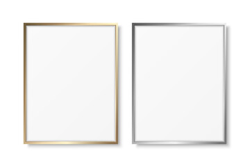 Vector 3d Realistic Gray and Yellow Metal, Silver and Golden Color Decorative Vintage Frame Set, Border Icon Closeup Isolated. A4, A5 Vertical Photo Frame Design Template for Picture, Border Design