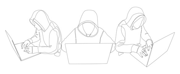 One continuous line of group of male people with laptop, workin as a developer or a Hacker. Thin Line Illustration vector concept. Contour Drawing Creative ideas.