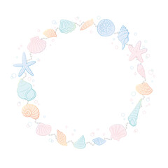 貝がらやヒトデとロープをあしらった手書き線画ベクター丸フレーム／テキストあり	